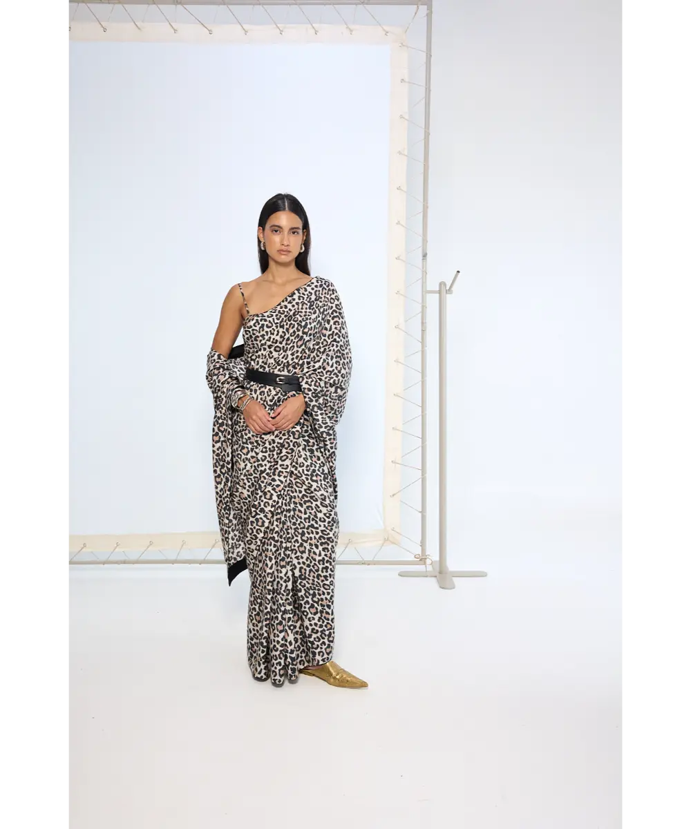 EKAYA BANARAS - Black & White Leopard Print Saree